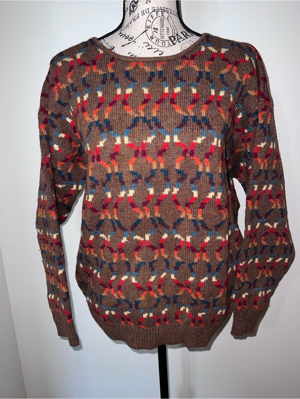 Vintage Geometric Wool Knit Sweater Brown Colorful Fair Isle Crewneck L